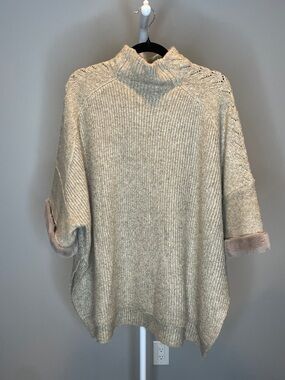 Sisters Tan Faux Fur Cuff Poncho-Style Sweater